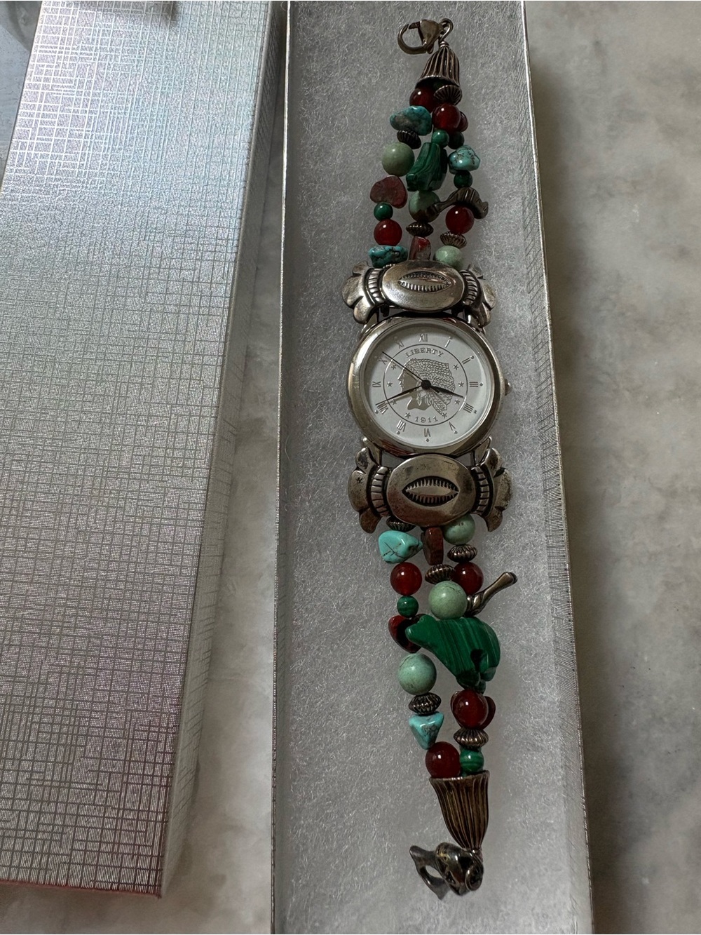 Vintage Turquoise & Red Beaded Sterling Silver Watch Bracelet - Carolyn Pollack